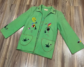 XS Vintage 50s Mexican Souvenir Tourist Wool Hand Embroidered Jacket Mint Green Southwestern