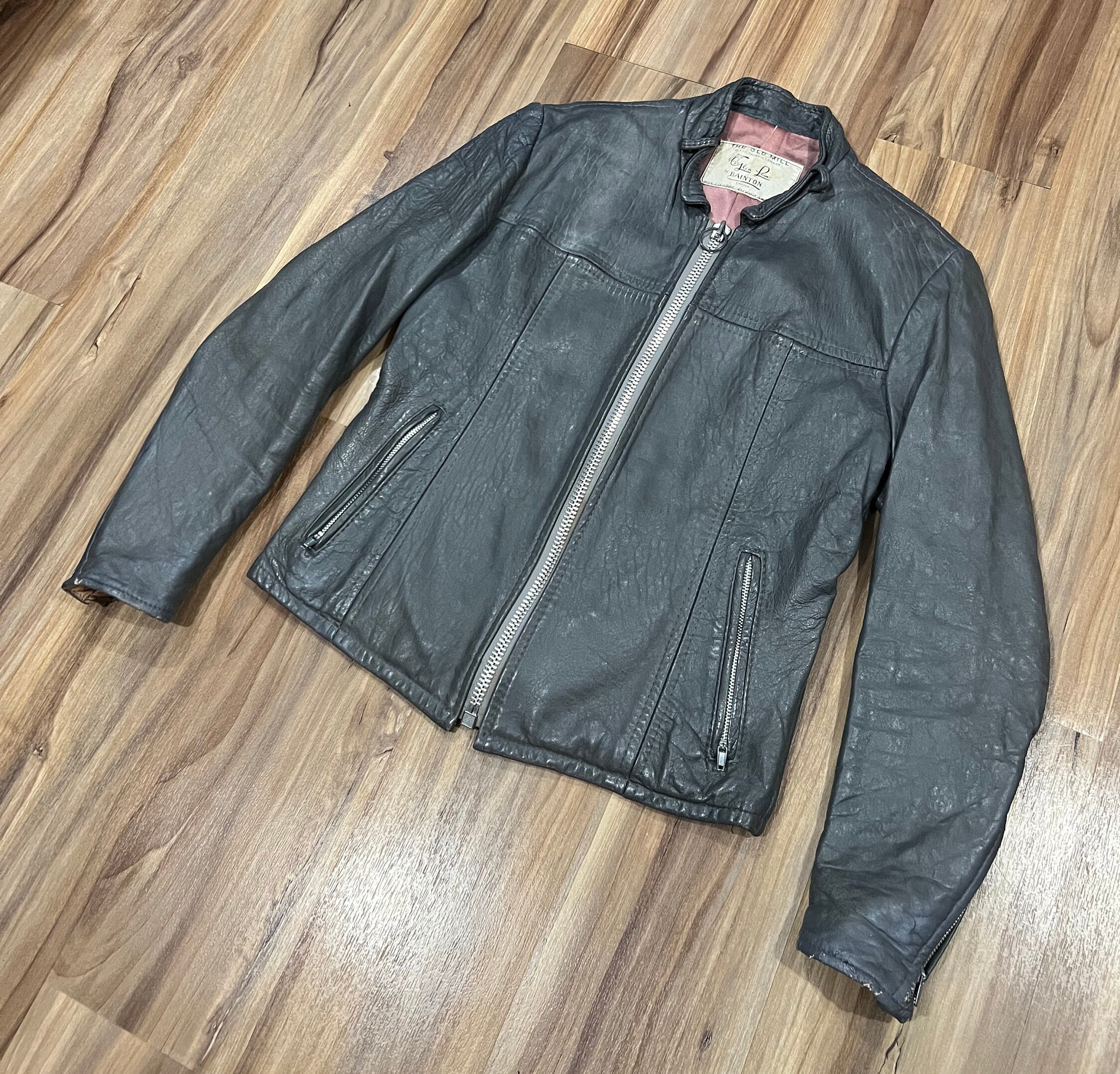 Small Vintage 60s Glen Laine Bainton Grey Leather Moto Motorcycle Cafe Racer Jacket Canada Made