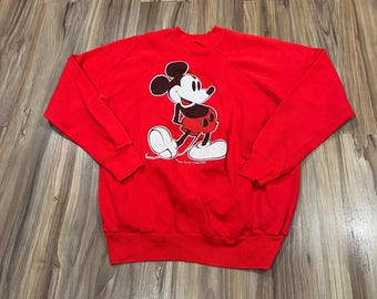 Large Vintage 80s Mickey Mouse 50/50 Crewneck Sweatshirt Red Disney USA Made Original Soft Velva Sheen