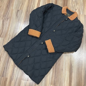 Large Long Vintage Eddie Bauer Quilted Down Insulated Black Jacket w/ Corduroy USA Made Women’s Style