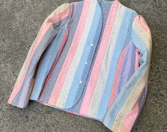 Small Vintage 80s Homemade Custom Quilt Jacket Patchwork Floral Feed Sack Pattern