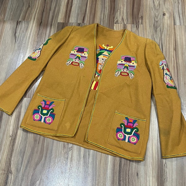 Petite veste brodée à la main en laine pour touristes mexicaine vintage des années 50 et 60, jaune doré sud-ouest