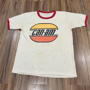 Large Vintage 70s Can-Am Motorcycles Paper Thin T Shirt Soft Ringer T Shirt White USA Made
