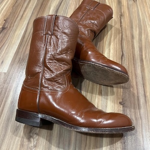 Size 8EE Vintage 80s Justin Brown Leather Cowboy Western Boots