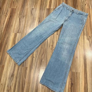 34x32.5 Vintage 70s 80s Levi's Light Wash Faded Boot Cut Flare Orange Tab Denim Jeans Pants USA Made
