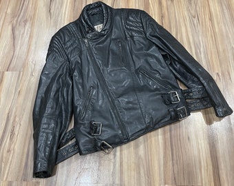 Sz 40 Vintage 80s Berman’s Black Leather Belted Motorcycle Jacket