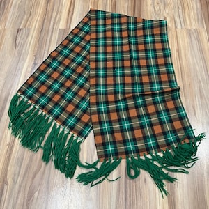 Vintage 60s 70s Wool Scarf Plaid Pattern Orange/ Green