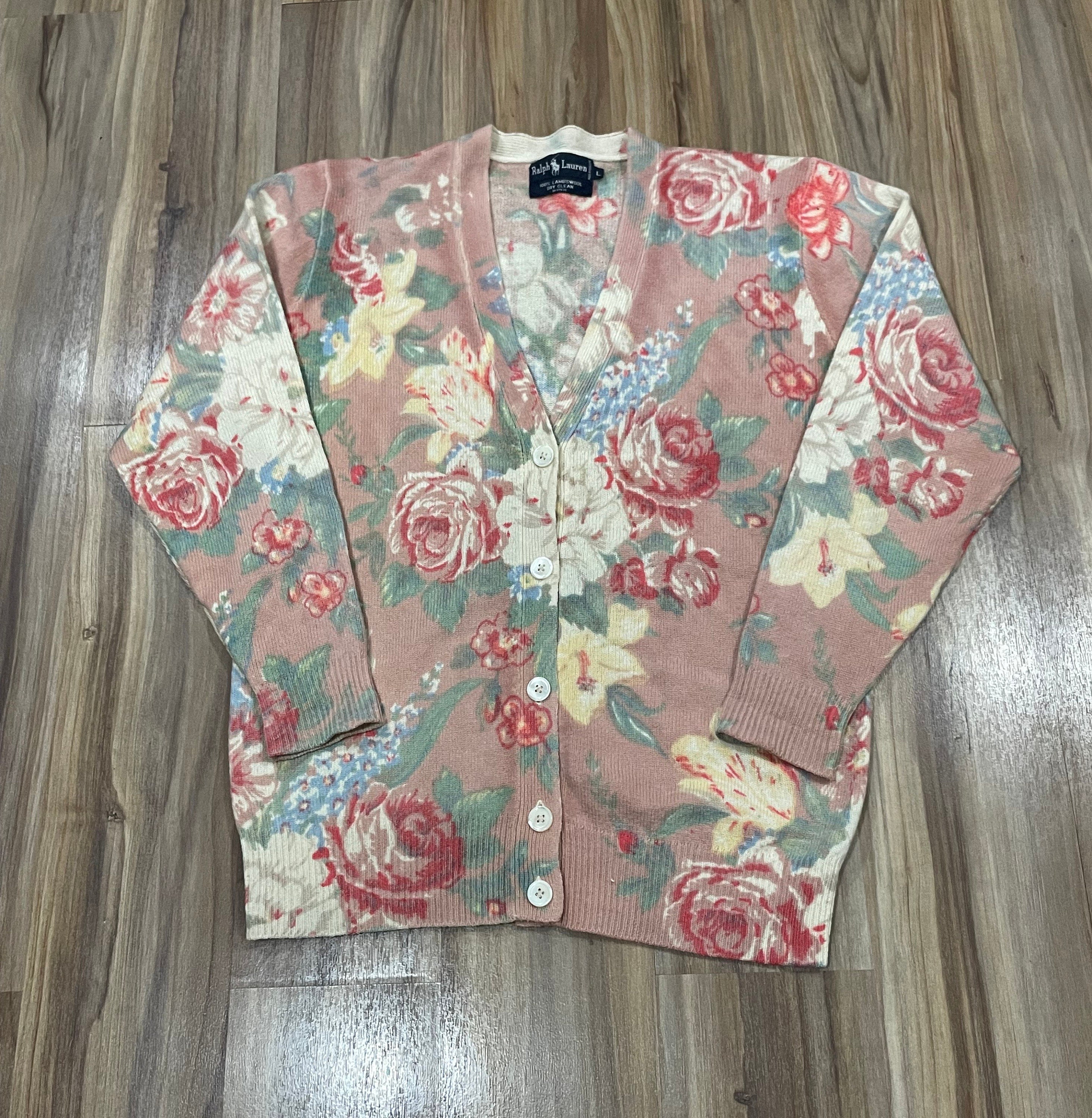 Large Vintage 90s Polo Ralph Lauren Floral Lambswool Cardigan