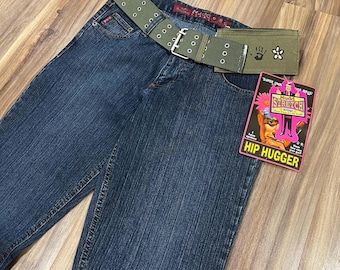 Pantalones vaqueros acampanados de tiro bajo Y2K Mudd con cinturón cargo y diseño de cintura alta, color azul, tallas de mujer 1, 3, 5, 7, 9 y 11, stock muerto con etiquetas.