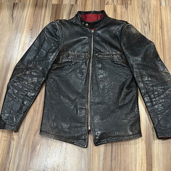 Small Vintage 60s Distressed Black Leather Motorcycle Jacket Cafe Racer USA Made
