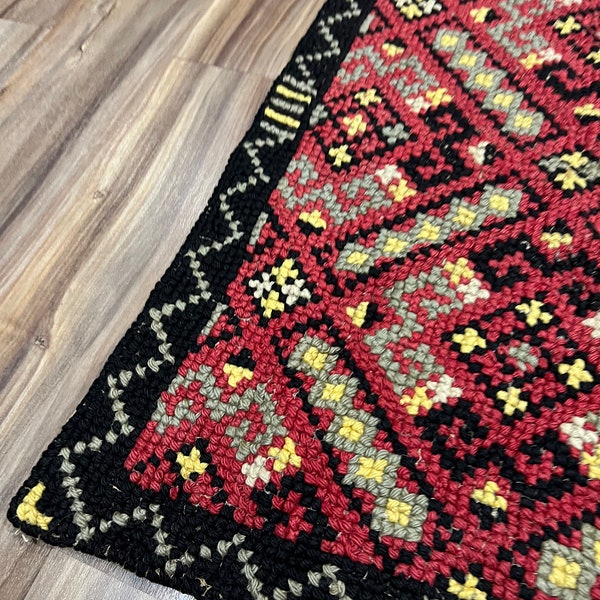 Tapis tissé main en laine fait main vintage des années 1900 avec support à motif géométrique 33 x 23"