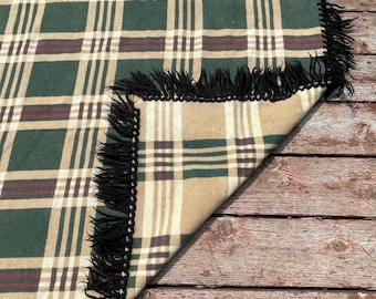 Vintage 1940s Camp Blanket Cream Green Beacon Style Checkered Plaid All Cotton Fringe Edge 72x62” USA Made