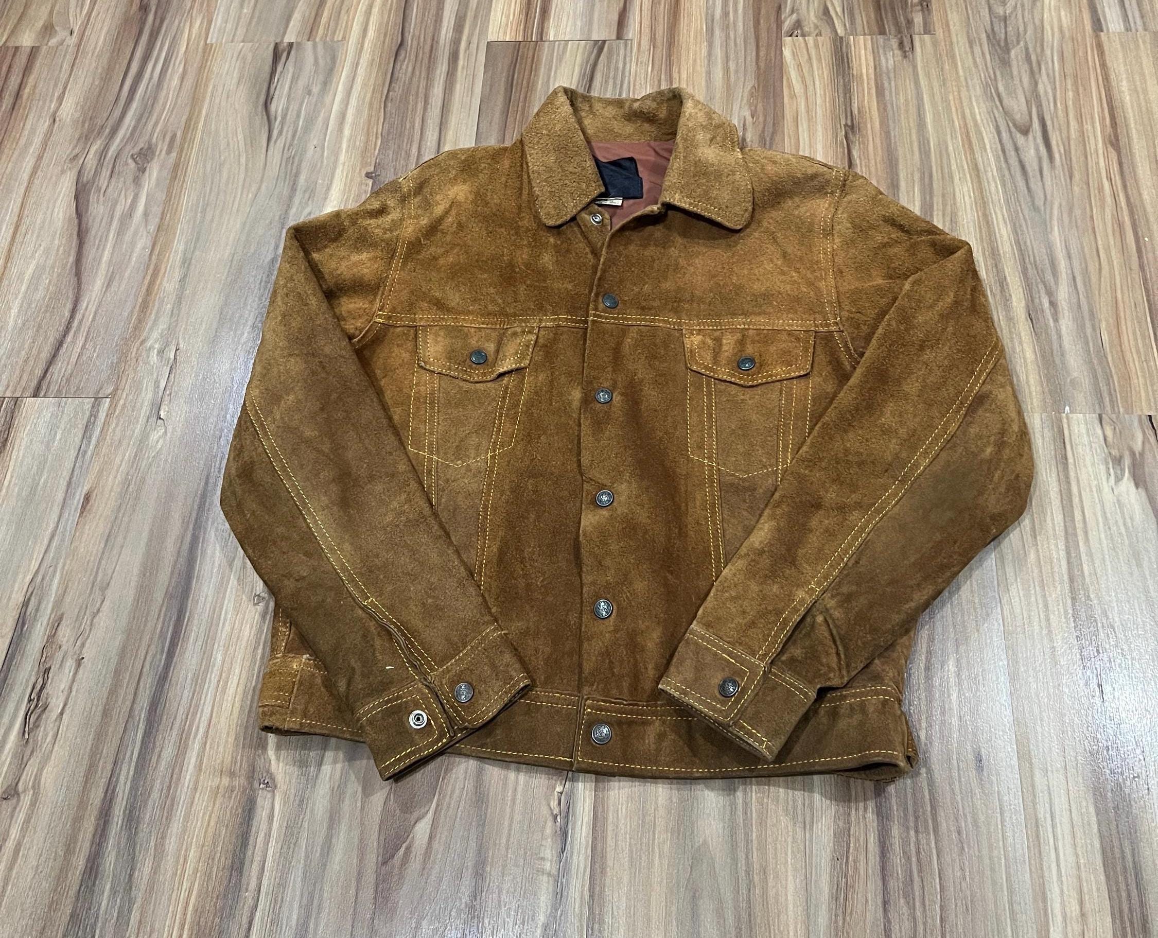 Medium Vintage 60s 70s Suede Leather Trucker Jacket Men's Button