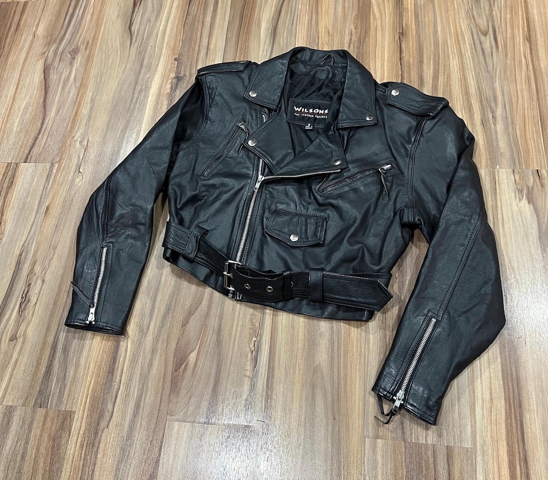 90s vintage short leather jacket （ S ） Small Vintage 90s Wilson's Cropped Black Leather Moto Biker