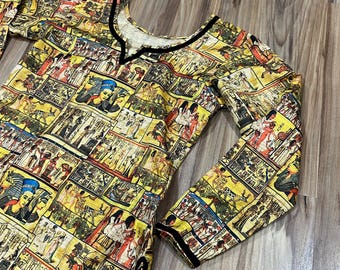 Vintage 60s 70s Egyptian Novelty Print Souvenir Pictorial Dress w/ Hieroglyphic Images