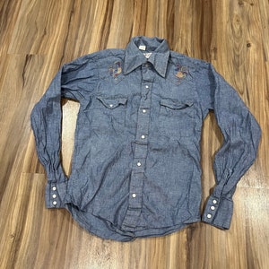 XS Vintage 60s 70s Chambray Button Western Shirt w/ Colorful Embroidery Stitching Custom Handmade