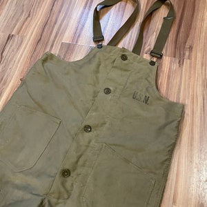 Medium Vintage 40s 50s Military Army Navy USN Deck Bibs Overalls Olive Green OG-107 WW2 Wool Lined USA Made