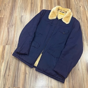 Large 50s Penney’s Rockabilly Ricky Gabardine Zip Up Jacket Blue Rayon Wool w/ Quilted Lining USA Made Size 44 Faux Fur Collar Car Coat
