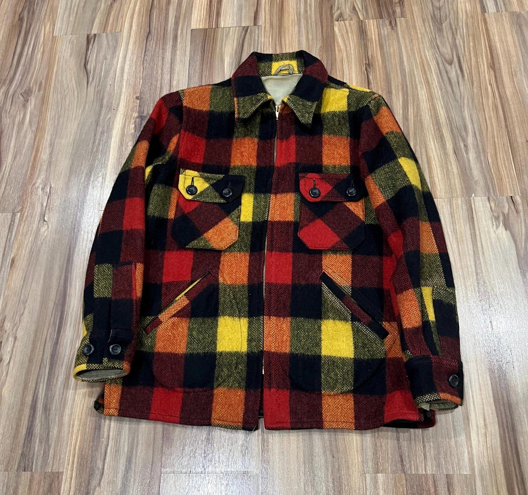 Medium Vintage 40s Wool Plaid Jacket Full Zip 2 Pocket Black