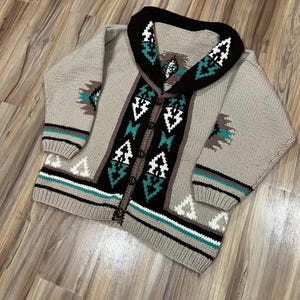 Medium/ Large Vintage 60s 70s Cowichan Sweater Cardigan Wool Blend Button Up Brown Green White