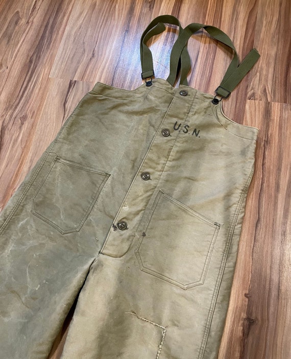 xs Vintage 40s 50s USN Deck Bibs Overalls Olive G… - image 1