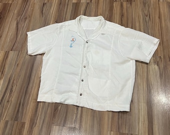 Camisa playera corta de lino y rayón blanco vintage de los años 50, mediana/grande, con botones, hecha en EE. UU.