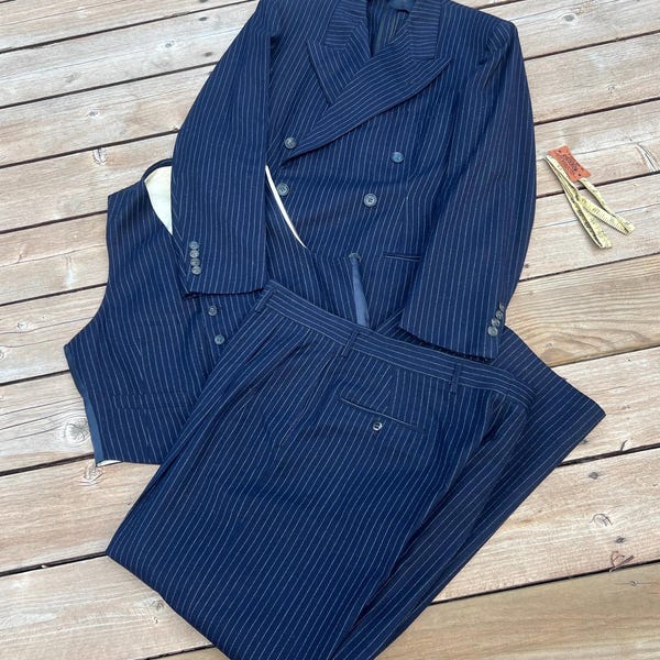 Vintage 40s Double Breasted Wool Suit 3 Piece Set Pinstripe Navy Blue Vest & Trousers, Jacket Coat Clothcraft South Dakota USA