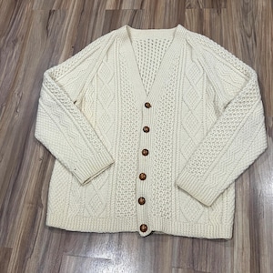 M/L Vintage 70s 80s Wool Cable Knit Cardigan Irish Sweater Cream Off White Button Up