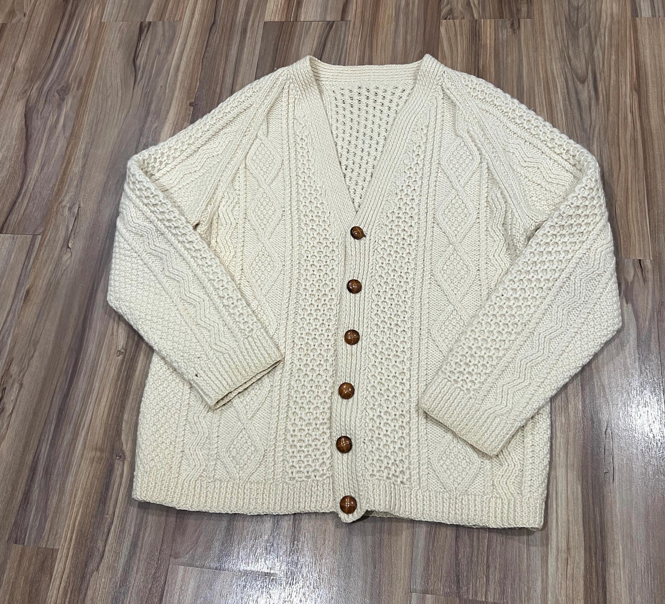 M/L Vintage 70s 80s Wool Cable Knit Cardigan Irish Sweater Cream