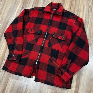 Medium Vintage 50s King Cole Wool Buffalo Plaid Flannel Jacket w/ Talon Zipper Red/ Black