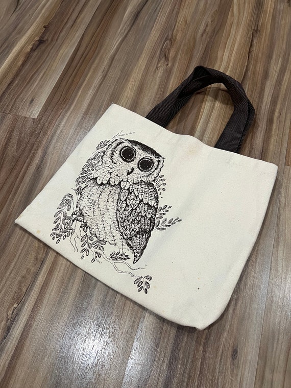 Small Vintage 70s Owl Thin Canvas Tote Book Bag Co