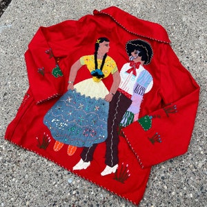 Small Vintage 50s Mexican Souvenir Tourist Wool Hand Embroidered Jacket Red