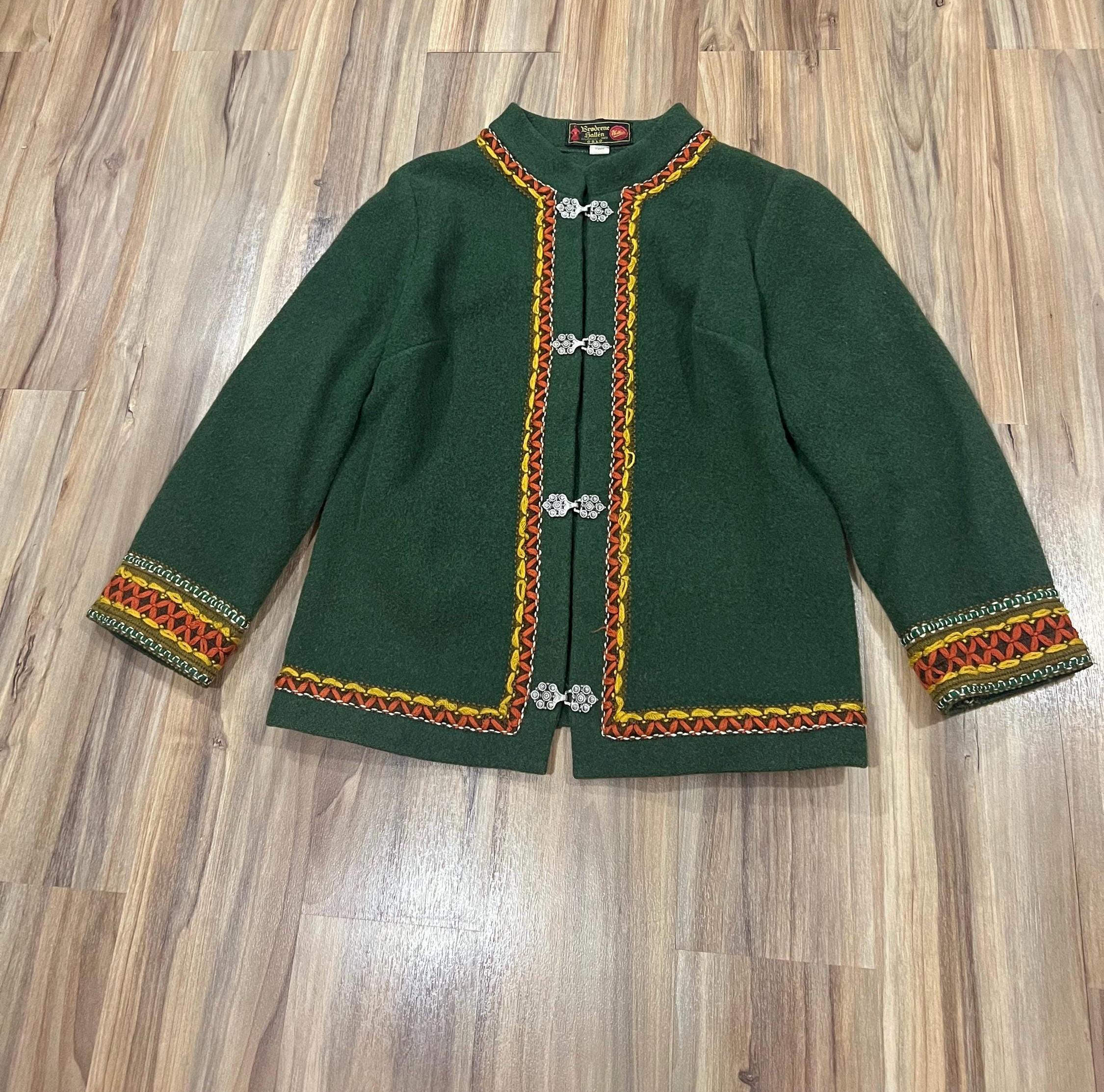 L/XL Vintage 70s Traditional Norwegian Green Wool Jacket Sweater