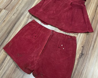 Small Vintage 1960s Maroon Suede Leather Two Piece Lingerie Set “Peepers” w/ Tags