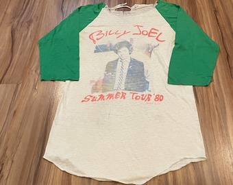 Large Vintage 80s Billy Joel Tour Raglan Paper Thin Concert T Shirt Green/ White