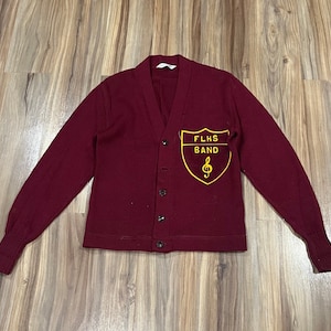 XS Vintage 40s 50s Wool Varsity Band Cardigan Sweater Button Up Nelson Knitting Co Maroon Red Patch