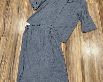 Vintage 40s 50s Double Breasted Grey Striped Herringbone Wool Suit 