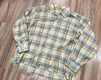 Large Vintage 70s Plaid Checkered Loop Collar Long Sleeve Shirt USA Made Original Repairs