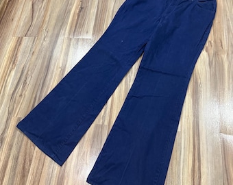32x29 Women’s Vintage 70s Navy Blue Bell Bottom Flare Cotton Jeans Pants USA Made