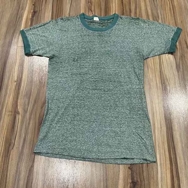 Small Vintage 70s Blank Green Towncraft Penney's Paper Thin Ringer T Shirt Distressed USA Made