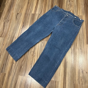 38x28 Vintage 90s Reproduction Button Fly Light Wash Denim Buckle-Back Jeans One Back Pocket by Horsefly&#39;s Old West Clothing