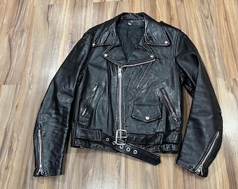 Small/ Medium Vintage 80s Thick Black Leather Biker Motorcycle Moto Jacket Belted Heavy Good Quality USA Made Unbranded