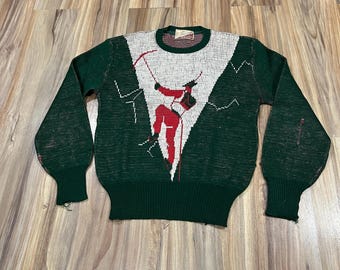 Seltene Kleine Vintage 40er Jahre Finecraft Neuheit Druck Stricken Zweifarbiger Alpinist Bergsteiger Pullover Rundhalsausschnitt
