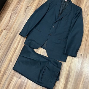 Vintage 70s Men&#39;s Two Piece Suit Blue Light Wool Polyester Blend Jacket, Pants Trousers