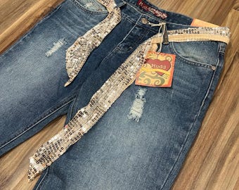 Pantalones vaqueros vintage Y2K Mudd de tiro bajo, acampanados, con aspecto desgastado y cinturón, ajustados a la cadera, azules, tallas 1-11 para mujer, stock remanente con etiquetas