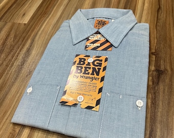 Camisa de trabalho vintage Deadstock dos anos 80 Wrangler Big Mac, jeans, chambray, com botões, feita nos EUA