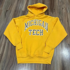 Small Vintage 80s Jansport Michigan Tech Athletic 50/50 Hoodie Sweatshirt Yellow Hockey