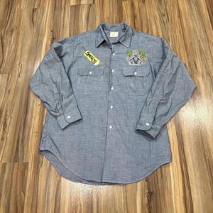 Large Vintage 70s Handmade Custom Embroidered Sewn Corvette Chambray Shirt Button Up USA Made Big Mac JC Penney’s