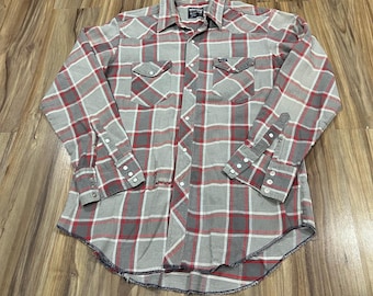 Large Vintage 80s Wrangler Cotton Flannel Button Up Western Shirt Pearl Snap Long Tails 17-35 USA Made