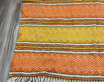Vintage 70s Faribo Woolen Mills Wool Striped Geometric Hippie Blanket Throw Orange Yellow